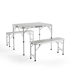 3Pcs Silver Aluminum Portable Folding Garden Camping Table and Benches Set 90 cm