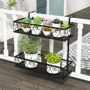 Costway 2 Tier Metal Flower Pot Holder Hanging Railing Flower Rack W/ Adjustable Hooks