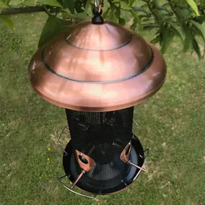 Copper Style Extra Large Hanging Metal Bird Seed Feeder with 4 Feeding Ports