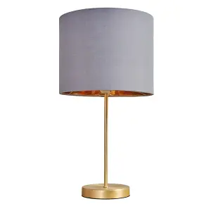 ValueLights Modern Standard Table Lamp In Gold Metal Finish With Grey/Gold Cylinder Shade