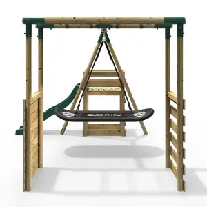 Rebo Wooden Children's Swing Set with Monkey Bars plus Deck & 6ft Slide - Single Boat Swing - Green