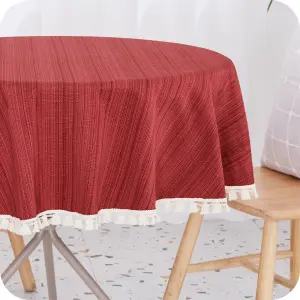 Deconovo Wipe Clean Faux Linen Water Resistant Round Table Cloth With Tassel Table Cover for Dining 140cm (55in) Red