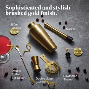 VonShef Cocktail Shaker Set Brushed Gold, 550ml Parisian Shaker, 6pc Home Bar/Bartender Set - Strainer, Muddler, Jigger & Gift Box