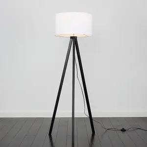 ValueLights Barbro Modern Black Wood Tripod Design Floor Lamp with White Drum Shade - Includes 6w LED GLS Bulb 3000K Warm White