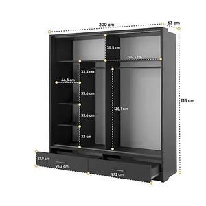 Lux V - Black Sliding Door Mirrored Wardrobe with Shelves And Drawers (H2150mm W2000mm D600mm)