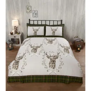 Stag & Wreath Winter Brushed Cotton Duvet Cover Set Green / Single Duvet Cover + 1 Standard Pillowcase