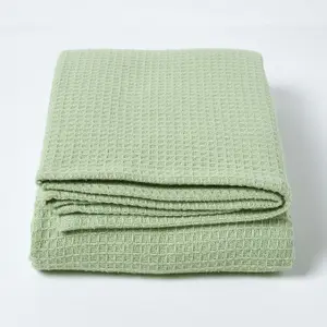 Homescapes Organic Cotton Waffle Blanket/ Throw Sage Green, 228 x 228 cm