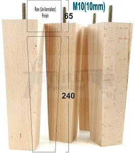 4 Wooden Furniture Legs M10 240mm High Raw Unfinished Replacement Square Tapered Sofa Feet Stools Chairs Cabinets Beds