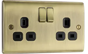 BG Nexus NAB22B 13A Switched Double Plug Socket 2 Gang  Decorative Metal Power Outlet with Antique Brass Finish - Pack of 5