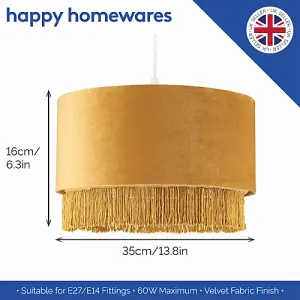 Modern Ochre Mustard Drum 14 Pendant Shade with Tassels and Embroidered Trim