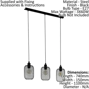 Hanging Ceiling Pendant Light Black Mesh 3x 60W E27 Kitchen Island Lamp