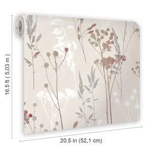 GoodHome Hayfield Cream & red Floral Textured Wallpaper Sample