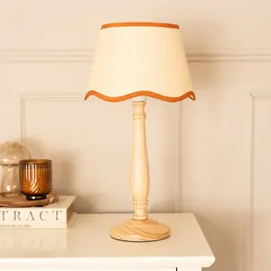 ValueLights Victoria Light Wood Candlestick Table Lamp with Linen Scallop Rust Trim Tapered Shade