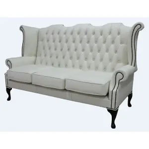 Chesterfield 3 Seater High Back Wing Sofa Shelly White Leather In Queen Anne Style