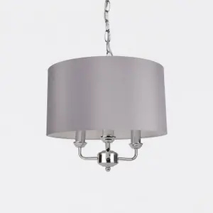 First Choice Lighting Pair of 3 Light Chrome Pendant Chandelier with Grey Fabric Shade