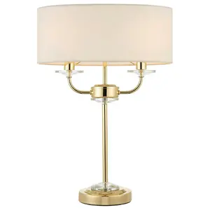 Twin Light Table Lamp 2 Bulb Brass & White Shade Crystal Trim Bedside Feature