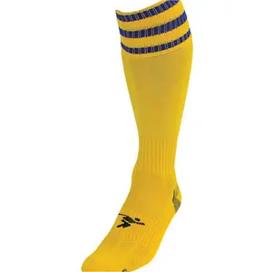 ADULT Size 7-11 Pro 3 Stripe Football Socks - YELLOW/ROYAL BLUE Contoured Ankle