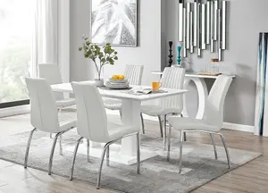 Imperia White High Gloss 6 Seater Dining Table with Structural 2 Plinth Column Legs 6 White Stitched Faux Leather Isco Chairs