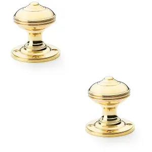 2 PACK - SOLID BRASS Classic Reeded Mortice Door Knob - Polished Brass 50mm Diameter