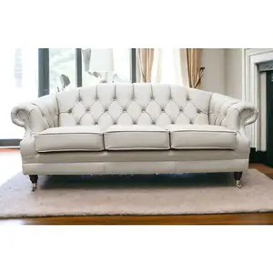 Chesterfield Original 3 Seater Sofa Settee Shelly Pebble Real Leather In Victoria Style