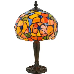 Tiffany Glass Table Lamp Light Dark Bronze & Multi Colour Floral Shade i00212