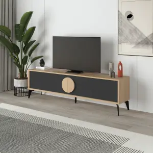 Decortie Gora Modern TV Unit Oak, Silky Grey Black 180(W)cm with 4 Doors Storage TV Cabinet Entertainment Metal Legs