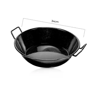 Royalford 34cm Enamel Wok Pan Induction Safe Paella Pan Kadai with Raised Handles, Black