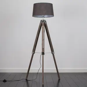 ValueLights Clipper Wood and Silver Chrome Tripod Floor Lamp with Grey Tapered Shade - Complete with 6w LED GLS Bulb In Warm White