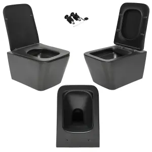 Black Square Hidden Fixation Rimless Wall Hung Toilet Pan & GROHE 1.13m Concealed WC Cistern Frame