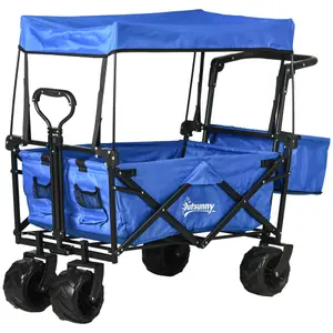 Outsunny Outdoor Push Pull Wagon Stroller Cart w/ Canopy Top Blue