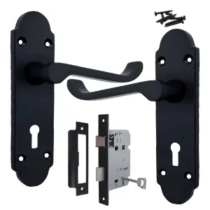 Epsom Door Handle Key Lock Scroll Lever - Matt Black Pack