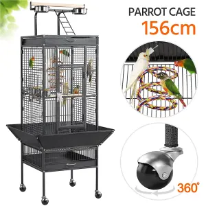 Yaheetech Black Metal Bird Cage with Playtop and Casters