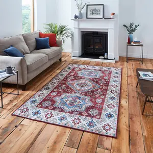 Red Traditional Persian Easy to Clean Bordered Geometric Rug For Dining Room Bedroom And Living Room-60 X 225cmcm (Runner)