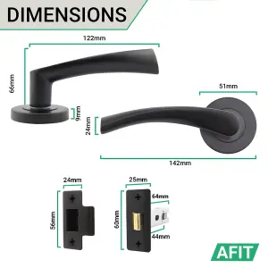 AFIT Matt Black Door Handle Latch Set - Pack of 4 Round Internal Door Handles & Latch (64mm) Lever on Rose Novi Range