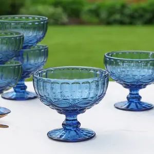 Set of 6 Vintage Blue Glass Trifle Bowl and Dessert Bowls