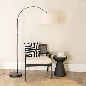 ValueLights Louis Black Metal Arched Floor Lamp with Linen White Trim Drum Shade and LED Bulb