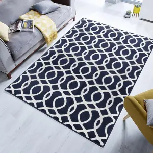 Navy Blue White Modern Trellis Living Room Rug 160x230cm