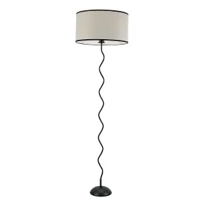 ValueLights Wiggle Black Metal Single Stem Floor Lamp with Linen Black Trim Drum Shade and LED Bulb