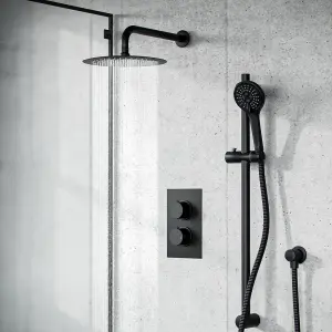 Nes Home Temel Matt Black Rainfall Shower Head and Thermostatic Mixer Valve with Hand Held Set