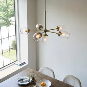 Luminosa Livorno Multi Arm Pendant Ceiling Light Antique Brass Plate, Clear Glass