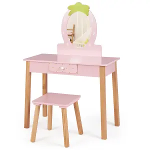 Costway 2-in-1 Kids Vanity Set Children Wooden Vanity Set w/ Stool Mirror & Drawer