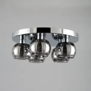 Litecraft Seren Chrome 5 Lamp Modern Bathroom Flush Ceiling Light with Smoke Glass Shade