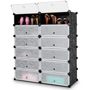 Costway 24 Pairs Portable Shoe Shelves 12-Cube Shoe Storage Cabinet with Removable Shelf