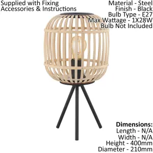 2 PACK Table Lamp Desk Light Black Tripod & Round Wood Cage Shade 1x 28W E27