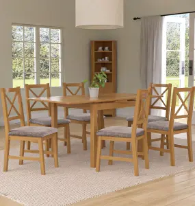 Hallowood Furniture Waverly Small Extending Table with 6 Cross Back Oak Chairs with Steel Grey Fabric Seats