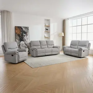 Fosse 1 + 2 + 3 Seater Manual Recliner Fabric Modern Living Sofa Light Grey