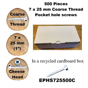 Pocket Hole Screws for Softwoods, 25mm Long, Pack of 500, Coarse Self-Cutting Threaded Square Drive, EPHS725500C, EPH Woodworking