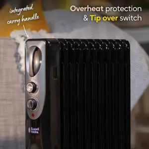 Russell Hobbs Electric Heater 2500W Black 11 Fin Oil Filled Radiator with 2 Year Guarantee RHOFR1106B