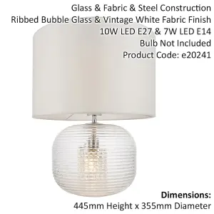 2 PACK Clear Ribbed Glass Twin Lit Table Lamp Light & Vintage White Fabric Shade