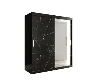 Elegant Black Geneva T2 Sliding Door Wardrobe W1800mm H2000mm D620mm - Mirrored Door, Gold Handles, Extensive Storage